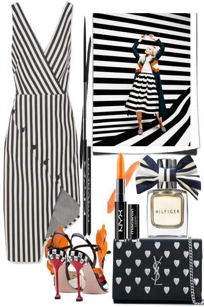 Stripes in B & W with a touch of Orange- Fashion set