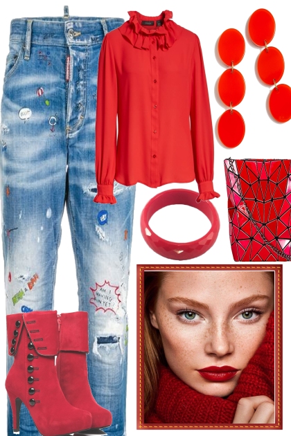 Jeans with red.