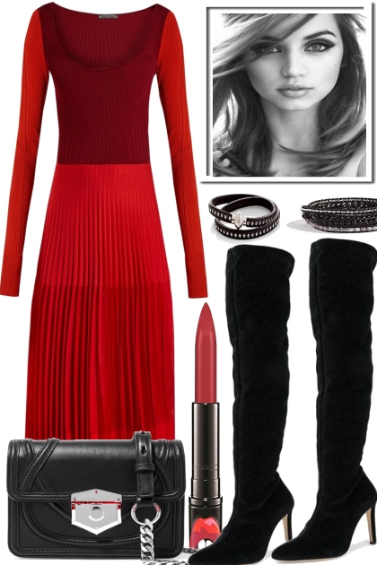 LADY IN RED, BUT THE BOOTS ARE BLACK- combinação de moda