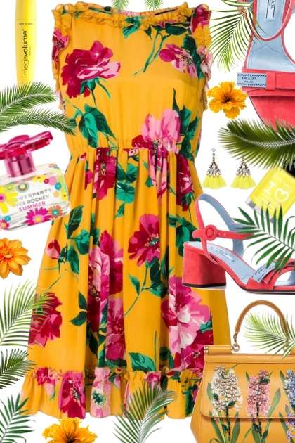 Yellow Flower Printed Dress - Combinaciónde moda