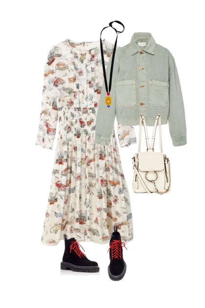 print dress and denim jacket- Combinaciónde moda