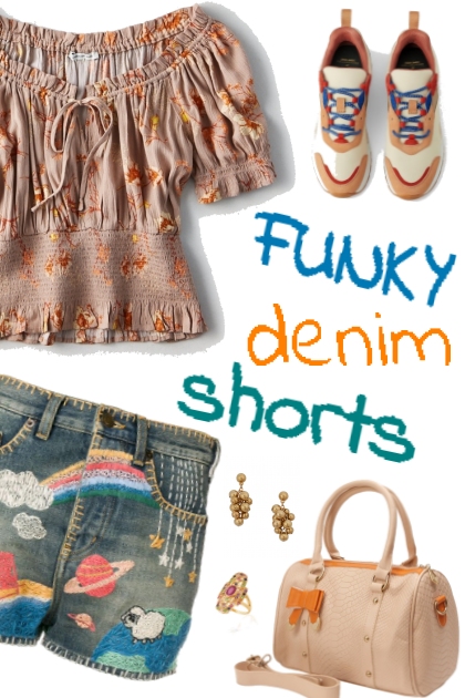 funky denim shorts- Modekombination