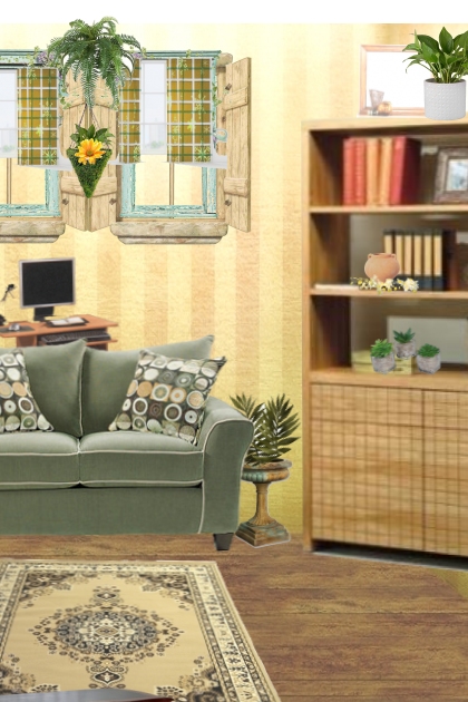living space brightened up w/ yellow srtipd wallpa- Fashion set
