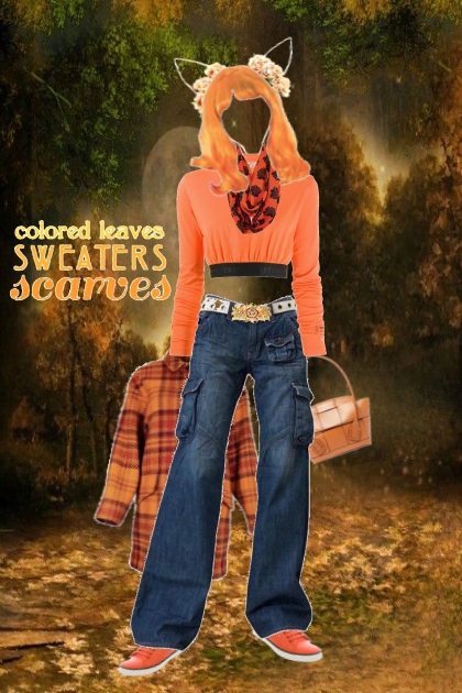 colored leaves sweaters and scarves - combinação de moda