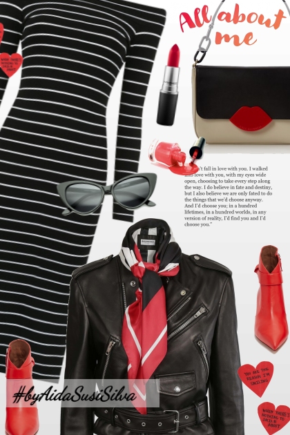 Striped Dress & Leather Jacket- Combinazione di moda