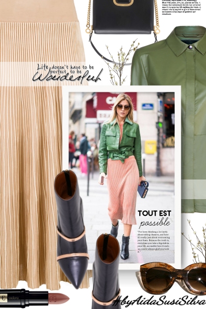 Pleated Skirt & Leather Shirt- Fashion set