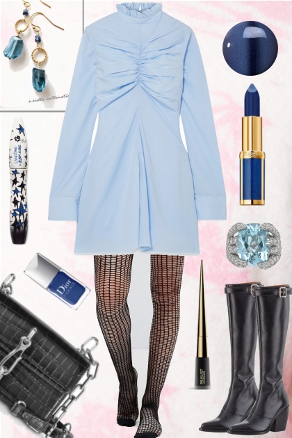 BLUE DRESS AND NET STOCKINGS- combinação de moda