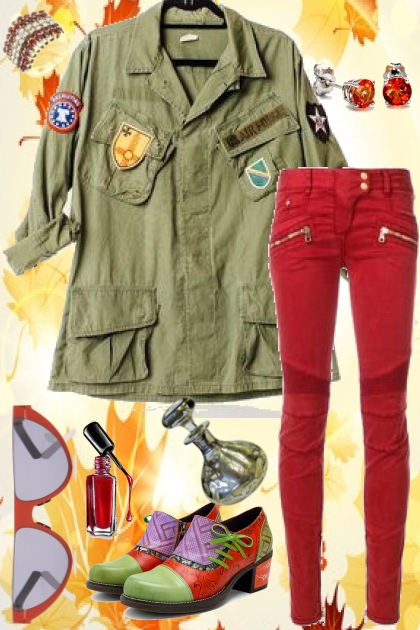 ARMY JACKET WITH RED JEANS- combinação de moda