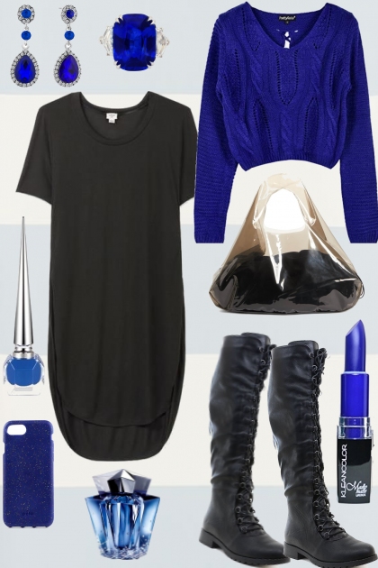 SWEATER OVER DRESS COBALT AND BLACK- Combinazione di moda