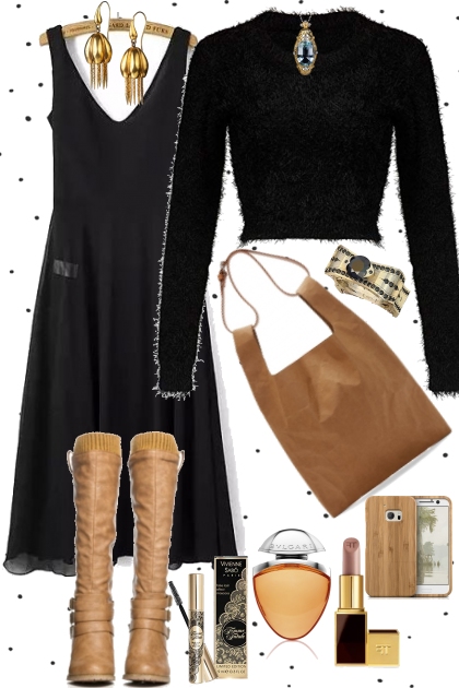 SWEATER OVER DRESS BLACK AND CAMEL- Modekombination