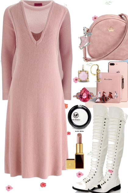 PINK SWEATER DRESS WITH WHITE BOOTS