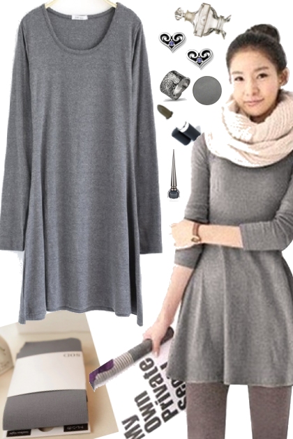GRAY DRESS WITH TIGHTS- Fashion set