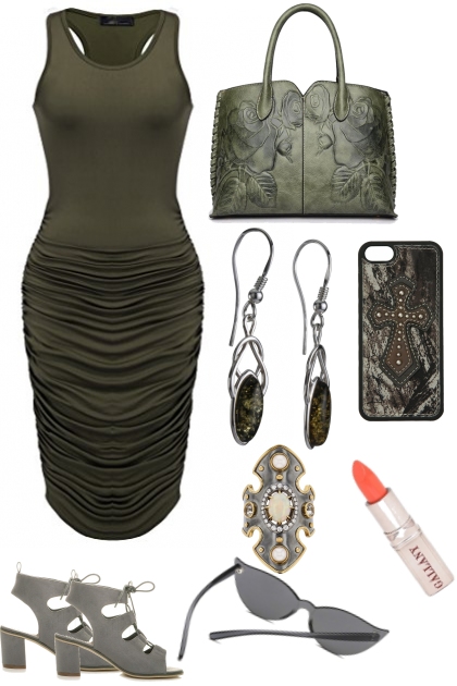 ARMY GREEN SHIRRED DRESS- Fashion set