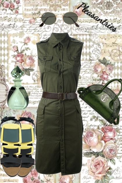 SLEEVELESS BELTED ARMY GREEN- Combinazione di moda