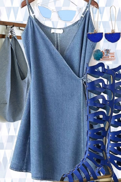 DENIM WRAP DRESS - DENIM BAG- Modna kombinacija