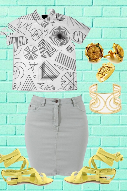 GRAY DENIM SKIRT WITH ARTSY SHIRT- Modna kombinacija