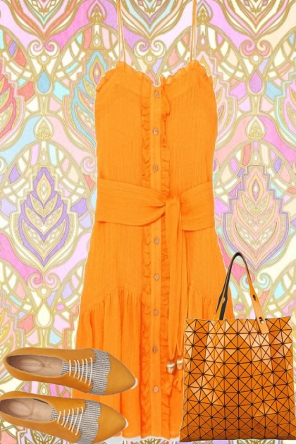 ORANGE RUFFLE FRONT DRESS WITH BELT- コーディネート