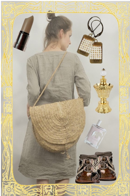 LINEN DRESS WITH STRAW BAG- Fashion set