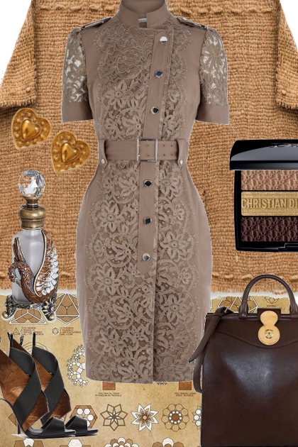 BROWN LACE FRONT DRESS, BELTED- Modna kombinacija