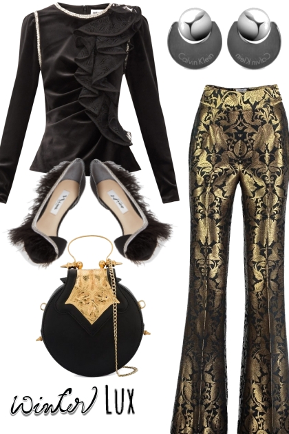 BROCADE PANTS WITH FEATHERED SHOES- Fashion set