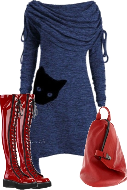 SWEATER DRESS WITH CAT FACE- Modekombination