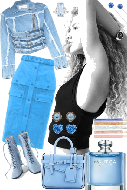 BLUE DENIM JACKET WITH CARGO SKIRT- combinação de moda