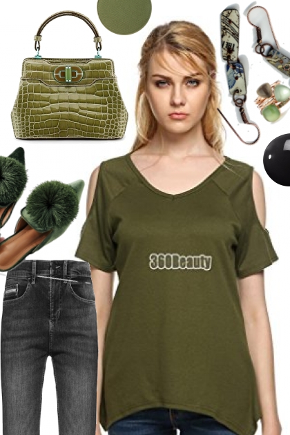 ARMY GREEN COLD SHOULDER TOP FOR FALL- 搭配