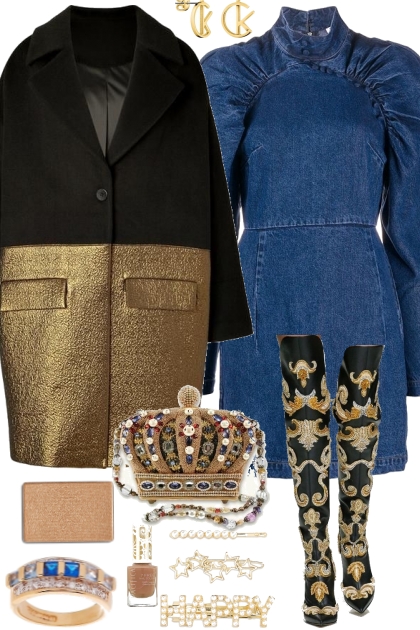 DENIM DRESS AND GOLD 12192021- Modekombination