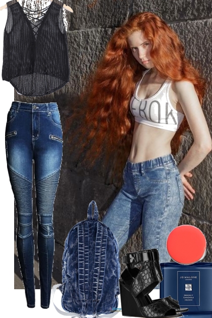 JEANS AND MESH TOP WITH SPORTS BRA 82322- Fashion set