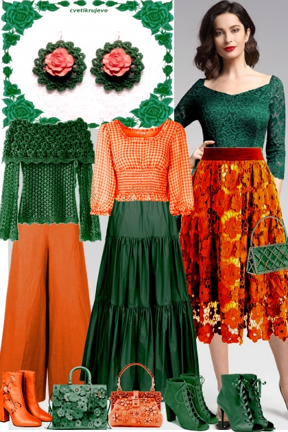 Серьги зелёные оранжевые розы- Combinaciónde moda