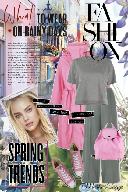pink raincoat- combinação de moda