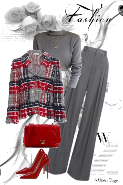 gray and red elegantly- combinação de moda