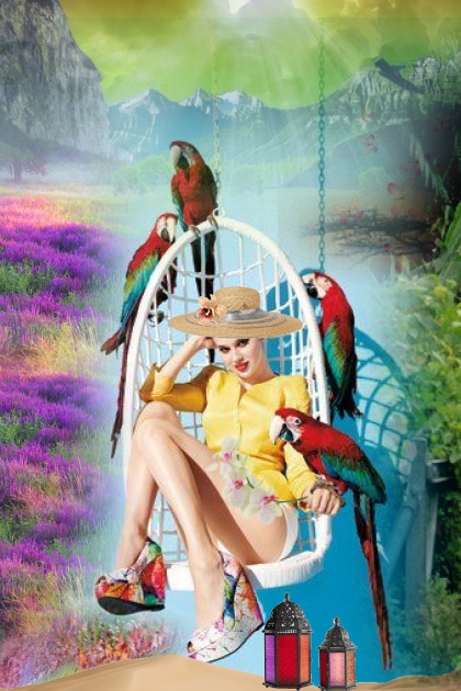 A girl with a flock of parrots- Modna kombinacija