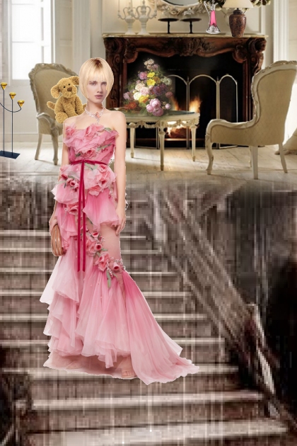 A lady in pink on the stairs- Fashion set