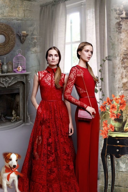 Two girls and a dog in red- Combinazione di moda