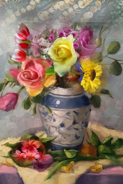Flowers in a blue vase- 搭配