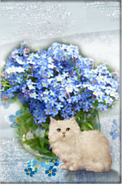 Flower vase with a white cat