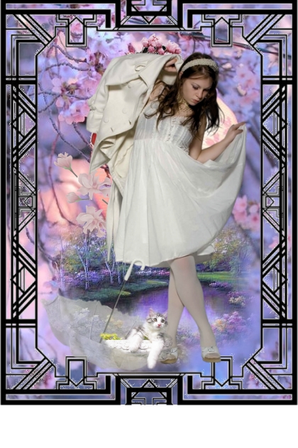 A girl and her cat in a white parasol- Fashion set