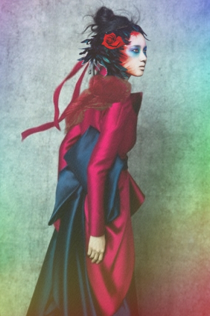 A girl in a red kimono- Modna kombinacija