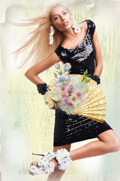 A girl with white flowers and a fan- Combinazione di moda