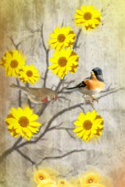 Birds and yellow flowers- combinação de moda