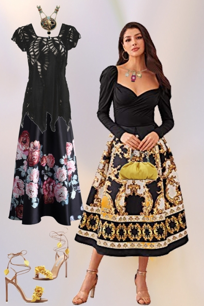 A black skirt with a pattern- combinação de moda