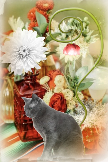 A cat and flowers