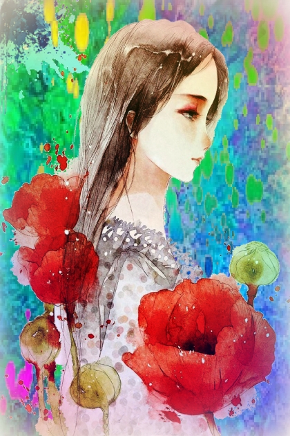A girl with red poppies