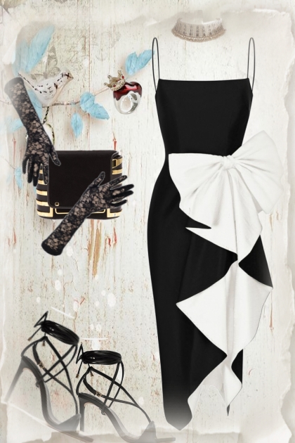 Black and white dress with a bow- Modna kombinacija