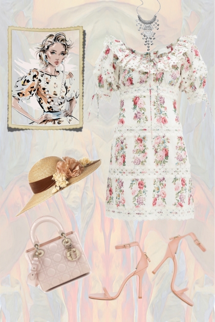White dress with a flower print- Combinazione di moda