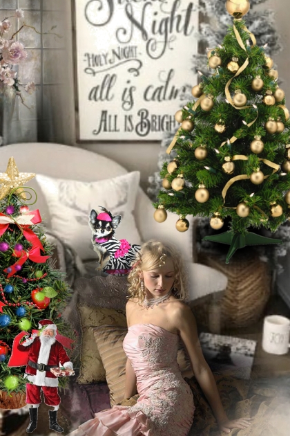 A girl with her pet between Christmas trees