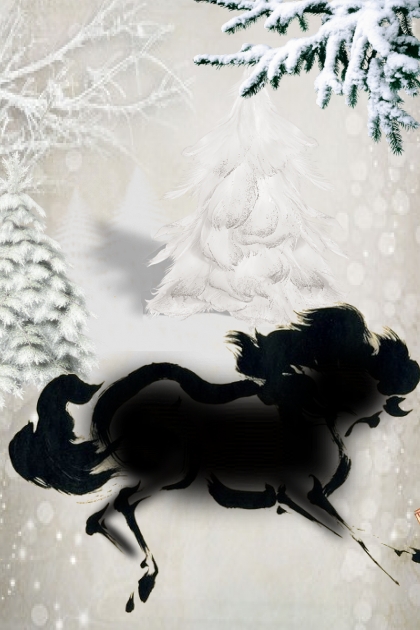 Black horse on the white snow- Fashion set