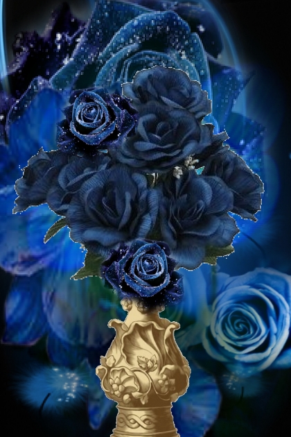 Blue roses in a gold vase- combinação de moda