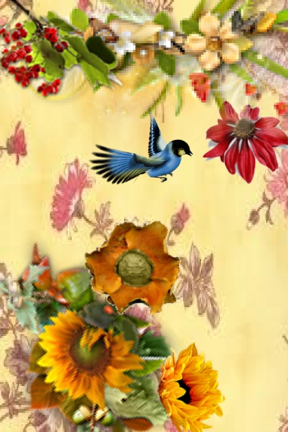 Blue bird among flowers 